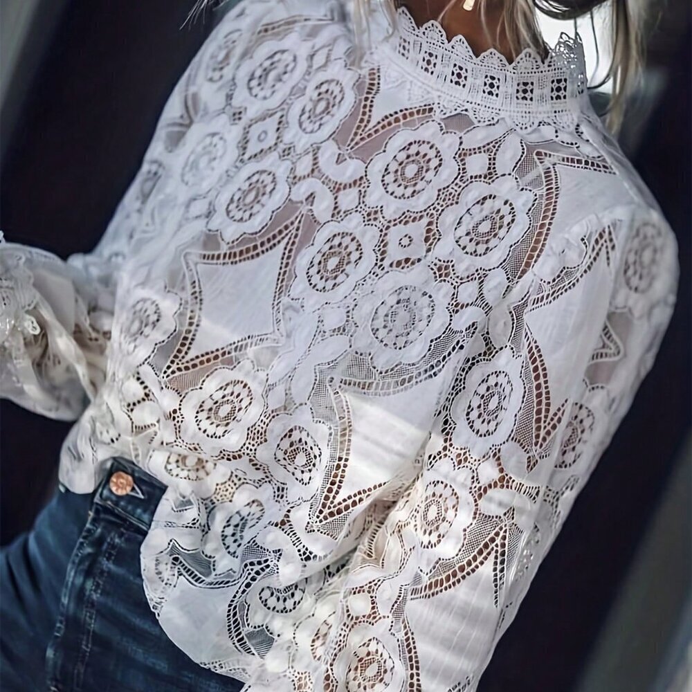 White Elegant Women's Stand Collar Patchwork Lace Long Sleeve Hollow Out Blouse - Picture 2 of 5